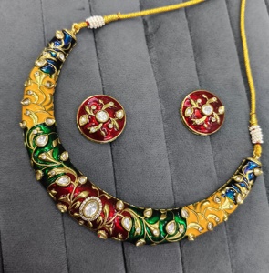Ensemble collier et boucles d'oreilles personnalisés en or plaqué Meenakari avec pierres en zircon pour femmes, bijoux de mariage et d'anniversaire - Product Image 2