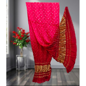 Dupatta en soie pure Bandhani, faite à la main, traditionnelle indienne - Product Image 1