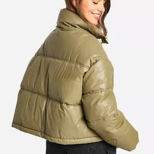 Veste matelassée en PU vert olive, col montant, bouton unique, coupe-vent, épaisse, manteau d'hiver décontracté, courte, unisexe - Product Image 3