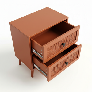 Table d'appoint moderne et écologique à 2 tiroirs en bois de caoutchouc, MDF, placage de chêne et détails en rotin. Table de rangement pour salon/chambre à coucher - Product Image 6