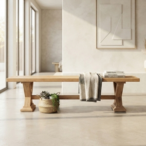 Banco largo Viola, moderno, de madera maciza, rectangular, elegante base de caballete, banco de comedor para decoración rústica y contemporánea del hogar. - Product Image 4