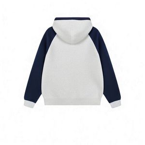 A light grey sporty hoodie with navy blue and maroon stripe details on the sleeves a front kangaroo pocket - Product Image 2