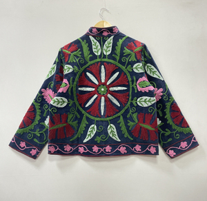Bohemian Floral Embroidered Woven 100% Cotton Velvet Bomber Jacket Windproof Breathable Suzani Stand Collar Medium Length - Product Image 5