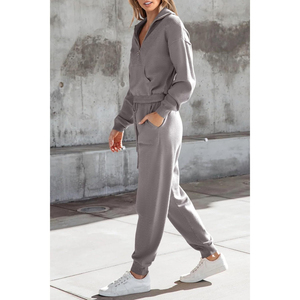 <b>Women's</b> 2 Piece <b>Knitted</b> Sweater Set Zip Hooded Sweatshirt <b>Jogger</b> Sweatpants Casual Solid Gray Full Sleeve Short Sweating - Product Image 4