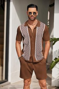 Conjunto de 2 Piezas para Hombre, Camisas Polo de Punto con Botones y Manga Corta Estilo Vintage, Conjuntos de Pantalones Cortos Casuales de Playa - Product Image 4
