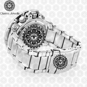 Montre de luxe pour homme Charm_Jewells en acier inoxydable, boîtier rond de 40 mm, mouvement à quartz analogique, accents de diamants, cadran en cristal saphir - Product Image 3