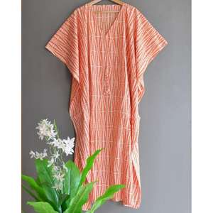 Vestido Kaftán Informal de Algodón para Mujer, Hermoso Estampado a Bloques, Maxi Vestido Largo de Verano para la Playa, Mangas Cortas, Traje de Baño, Estilo Étnico - Product Image 5