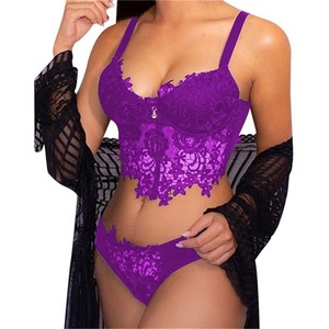 Ensemble de lingerie féminine 2 pièces en dentelle transparente, écologique et respirant, avec broderie florale, coussinets intégrés, soutien-gorge et culotte sexy transparents - Product Image 2