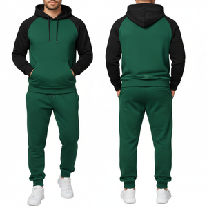 ชุดวอร์มผู้ชายพร้อมโลโก้แบบกำหนดเอง |   ดีไซน์แขนเสื้อแบบแร็กแลนตัดกันสี |   ชุดฮู้ดดี้สองชิ้นสีเขียวป่าและสีดำ - Product Image 3