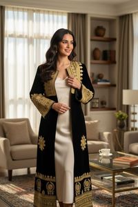 Black Velvet Embroidered <b>Kaftan</b> Long Sleeve Knee Length Loose Fit Women's Dress With Gold Geometric Pattern Winter Casual Dress - Product Image 5
