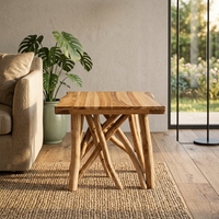 Mesa de Centro Moderna Rústica de Madera Maciza de Teca con Bordes Naturales y Patas de Rama, Mueble Portátil Hecho a Mano para Sala de Estar