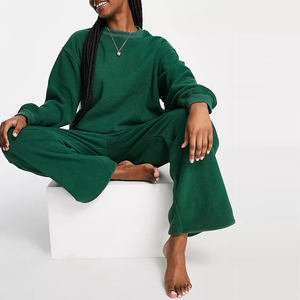 Women Plus Size Green Solid <b>Tracksuit</b> Set Crew Neck Full Sleeve Loose Fit Drawstring Pants Casual Autumn Wear - Product Image 2