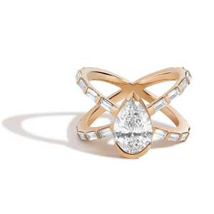Bague en or massif 14K 18K avec diamants de laboratoire taille poire et baguette, design croisé en X, multi-pierres, motif infini, pour demande en mariage et déclaration, vente en gros - Product Image 1