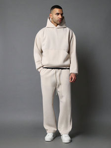 Men's Beige Fleece Tracksuit Two Piece Set Oversized Pullover <b>Hoodie</b> And Wide Leg Sweatpants Casual <b>Plain</b> Sportswear Activewear - Product Image 1