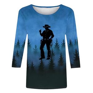 T-shirts pour femmes Western Cowboy grande taille, col rond, rouge, décontracté, manches 3/4, boutonné, coupe ample, épaules tombantes - Product Image 1