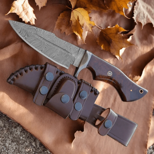 Cuchillo de Caza de Acero de Damasco Premium con Hoja Fija, Filo Afilado, Empuñadura de Madera Cómoda y Funda Protectora de Cuero - Product Image 3