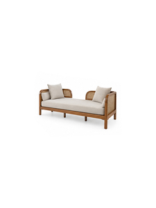 Canapé d'extérieur moderne en bois avec coussins beiges, trois places, design mid-century, mobilier de jardin, durable, résistant aux UV, structure en rotin - Product Image 2