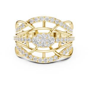 Bague ovale en or jaune avec centre croisé, bague à plusieurs rangs de diamants, bague de fiançailles de luxe pour femmes - Product Image 1