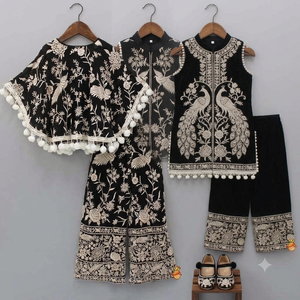 Vêtements pour enfants de marque, vêtements pour filles, ensemble 2 pièces Shrara noir et blanc brodé, 100% coton, tenues pour fêtes, Eid, Diwali. - Product Image 3
