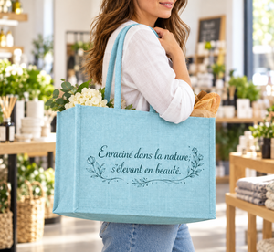 Sac fourre-tout en jute laminé bleu 39x31x19cm, poignées en coton personnalisées, vente en gros, OEM, marque privée SNC25DP, vente en vrac - Product Image 3