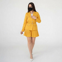 Ensemble jupe midi plissée respirante bleu marine pour femme avec blazer croisé, taille élastique, décontracté, brodé, en molleton de coton doux
