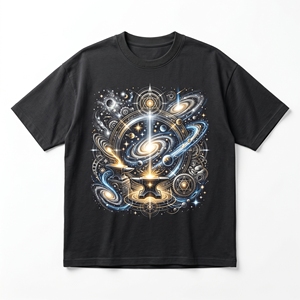 เสื้อยืดลายปลากระเบนประดับลวดลายสวยงาม |   เสื้อยืดผ้าฝ้ายเนื้อหนัก 240 GSM สีดำด้าน พิมพ์ลายฟิลิกรีสีฟ้าอ่อนแบบนามธรรม - Product Image 4