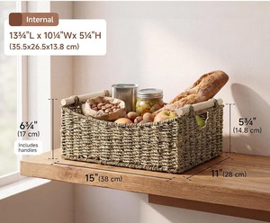 Panier de rangement rectangulaire en jonc de mer naturel tressé avec poignées en bois, fait main, pour le rangement domestique et la lessive - Product Image 2