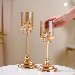 Golden Metal <b>Candlestick</b> Holder with Crystal Flower Design Cylindrical Shape Home Decoration - Product Image 3