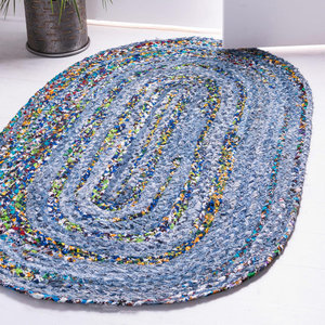 Tapis rond tressé bleu multicolore à motif abstrait, style bohème, fils recyclés, poils moyens, pour salon - Product Image 5