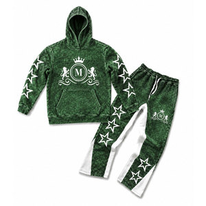 Ensemble de survêtement vert délavé à l'acide avec étoiles blanches et pantalon long à cordon de serrage 350 g/m² 100 % coton Streetwear - Product Image 1
