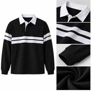 Chemise décontractée pour homme à manches longues en coton tricoté 100 % anti-plis, brodée, style color block rayé, noir et blanc - Product Image 6