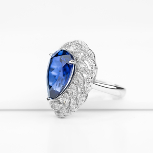 Bague de fiançailles vintage en or 18 carats avec saphir bleu taille poire et double halo de diamants, bijou raffiné, cadeau pour elle - Product Image 2