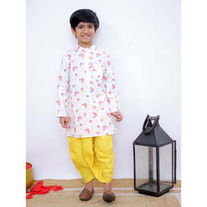 Kurtis Étnicos para Niños Famigo, Blancos y Amarillos, de Manga Larga, Estilo Pakistaní, con Estampado Digital, de Poliéster Elástico, Kurta Dhoti Cosida - Product Image 1