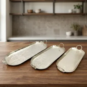 Plateau de service ovale en métal argenté martelé, design moderne, avec poignées en anneau, pour mariage, Noël, baptême, décoration de la maison - Product Image 3