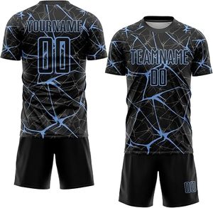 Conjunto de Uniforme de Fútbol Sublimado Personalizado, Negro y Azul con Patrón Agrietado, Camiseta Deportiva de Manga Corta para Hombre, Absorbe la Humedad - Product Image 3