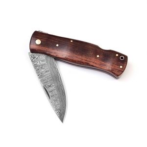 Handmade Damascus Folding Knives with Smooth Wooden Handle Patterned <b>Steel</b> Blade Compact Pocket Design for <b>Outdoor</b> Hunting - Product Image 3