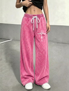 <b>Men's</b> Pink Acid Wash Wide Leg Pants Streetwear Embroidered Cross Sweatpants Elastic Waist Drawstring <b>Baggy</b> <b>Trousers</b> - Product Image 4