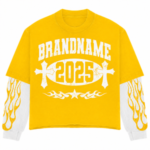 เสื้อยืดสตรีทแวร์ผู้ชายแบบสองชั้น ล้างสีด้วยกรด พิมพ์ลายสกรีน คอกลม ผ้าวาฟเฟิล แขนยาว ไซส์ใหญ่พิเศษ - Product Image 1