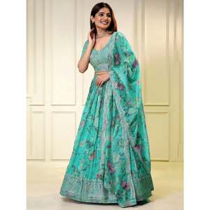 Belle Turquoise Paillettes Organza De Mariage Porter Lehenga Choli - Product Image 1