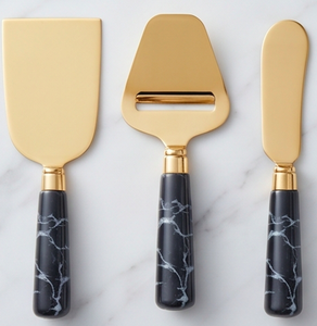 Juego de Cuchillos para Queso Dorados de 3 Piezas, Hoja de Acero Inoxidable, Mango de Mármol Negro, Herramientas para Untar y Servir Mantequilla - Product Image 1