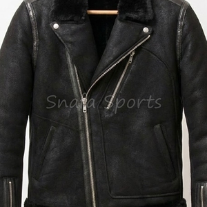 Veste d'aviateur en cuir véritable noir pour homme, col rabattu, coupe-vent, style streetwear, chaude, imperméable, avec fourrure - Product Image 3