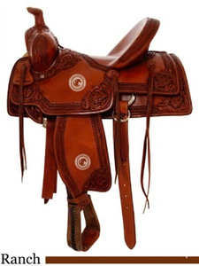 Selle western en cuir premium, sculptée à la main avec motifs floraux, assise profonde confortable pour l'équitation, ensemble de matériel de ranch et de randonnée avec étriers. - Product Image 5