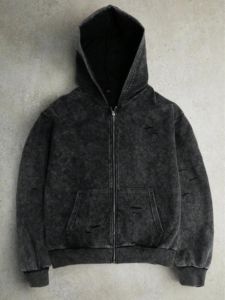 Sweat-shirt à capuche zippé pour homme, délavé à l'acide, coupe ample, style streetwear, épaules tombantes - Product Image 4