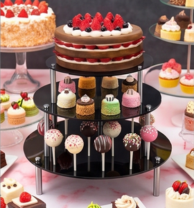 Support de service à étages en acrylique noir avec pieds en acier inoxydable, présentoir rond à 3 niveaux pour table de salle à manger, cuisine, restaurant - Product Image 6