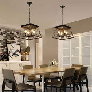 16" Modern Walnut Black Iron Industrial 4-<b>Light</b> Pendant <b>Chandelier</b> Adjustable Hanging <b>Light</b> Metal Cage Design Dining Kitchen - Product Image 6
