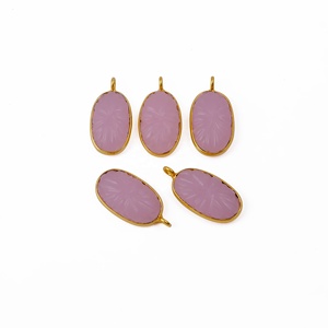 Gold Plated Unique Fashion Jewelry Pink Chalcedony Flower Carved Pendants with Bezel Set Oval Shape Floral Design Charms - Product Image 1