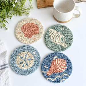4pcs Seashell Punch <b>Needle</b> Coaster Set, Handcrafted Ocean Yarn Drink Mats - Product Image 2