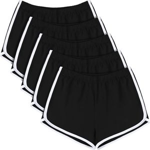Shorts tricotés noirs tendance pour femme avec bordure blanche, taille élastique, style sportif, respirant, coupe régulière, taille mi-haute, couleur unie - Product Image 1