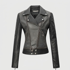Chaqueta de moto de piel sintética con bloques de color para mujer, cuello alto, manga larga, cierre de cremallera, longitud regular, estilo biker de otoño - Product Image 4