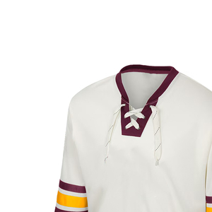 Jersey de Hockey sobre Hielo Sublimado Personalizado, Blanco, Marrón y Amarillo a Rayas, Manga Larga, Cuello en V, Cierre con Cordón, Transpirable, Poliéster, para Hombre Adulto - Product Image 4